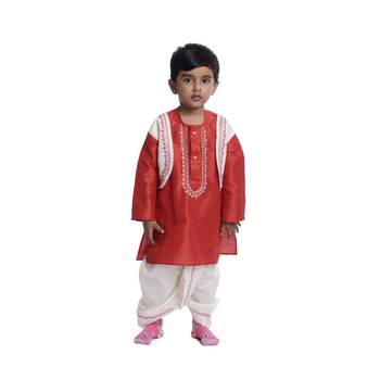 Red Plain Dupion Boys Dhoti Kurta 1