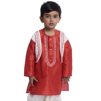 Red Plain Dupion Boys Dhoti Kurta 5