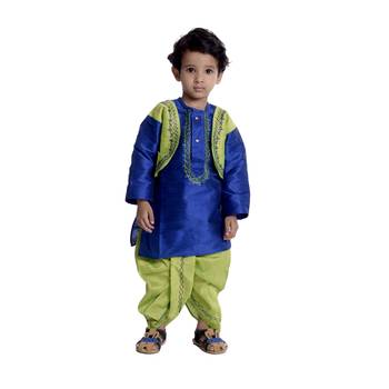 Blue Plain Dupion Boys Dhoti Kurta 1
