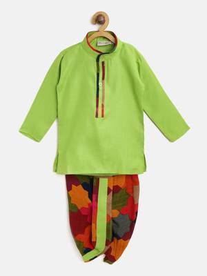 Green Plain Cotton Boys Dhoti Kurta 1