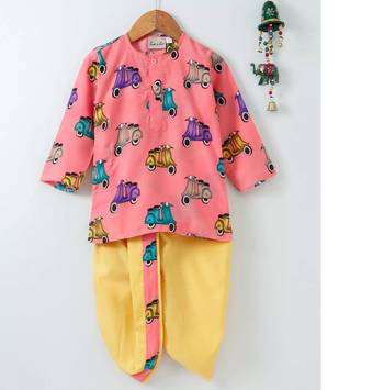 Pink Printed Blended Cotton Boys Dhoti Kurta 1