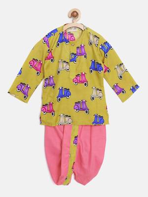 Green Printed Blended Cotton Boys Dhoti Kurta 1