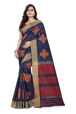 Blue embroidered cotton saree with blouse 1