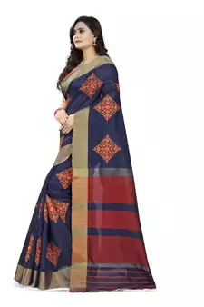 Blue embroidered cotton saree with blouse