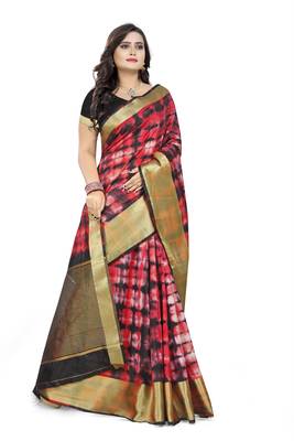 Red Printed Cotton Silk Saree With Blouse 3