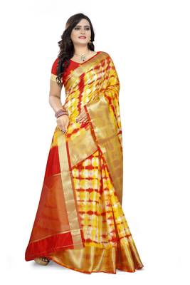 Yellow Printed Cotton Silk Saree With Blouse 3