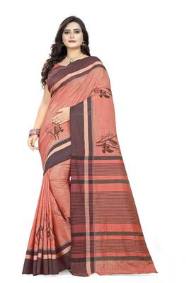 Pink printed cotton saree with blouse 1