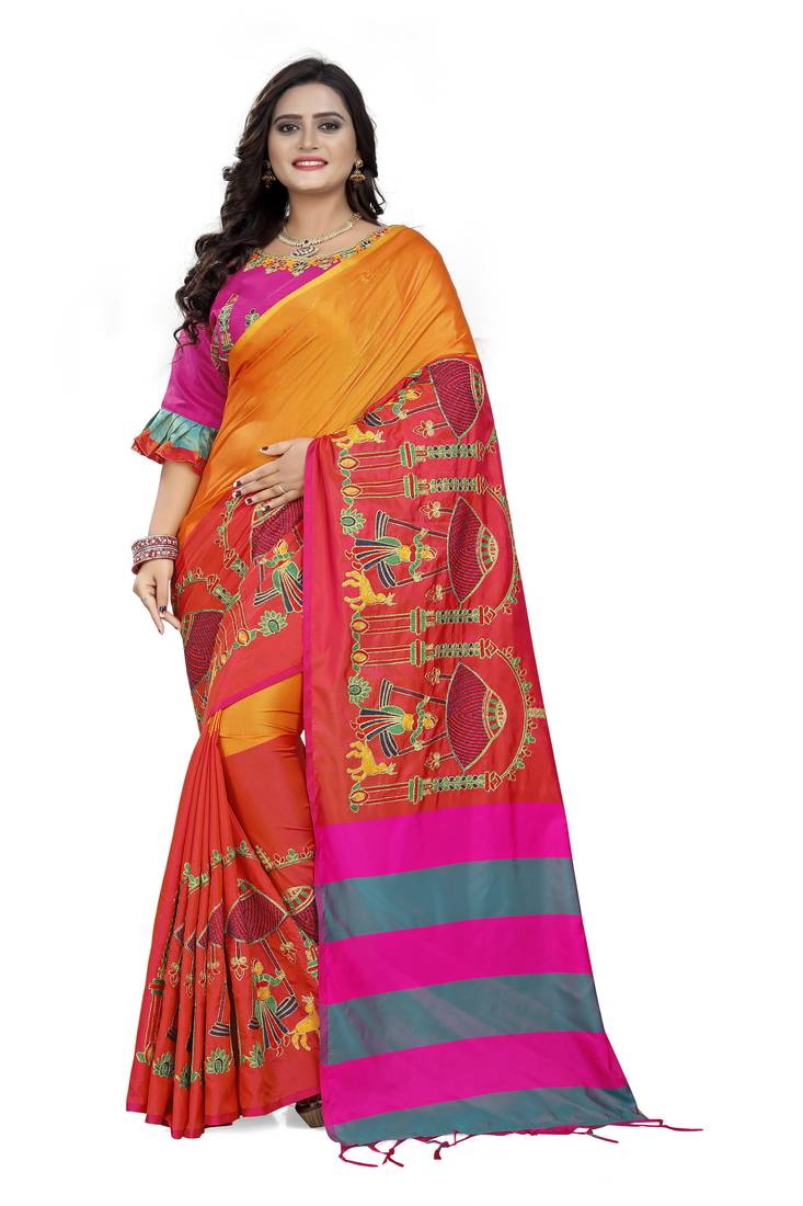 Orange Embroidered Cotton Silk Saree With Blouse