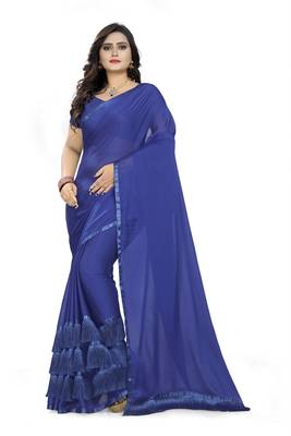 Blue Plain Georgette Saree With Blouse 1