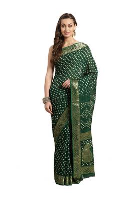 Hand Dyed Green Bandhani Silk Saree 1