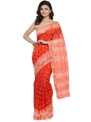 Geroo Jaipur Hand Dyed Orange & Peach Bandhani Silk Saree 1