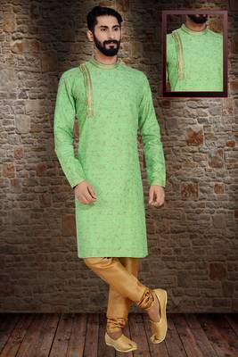 Green Printed Dupion Silk Kurta Pajama 1