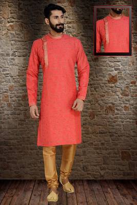 Red Printed Dupion Silk Kurta Pajama 1
