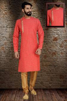 Red Printed Dupion Silk Kurta Pajama
