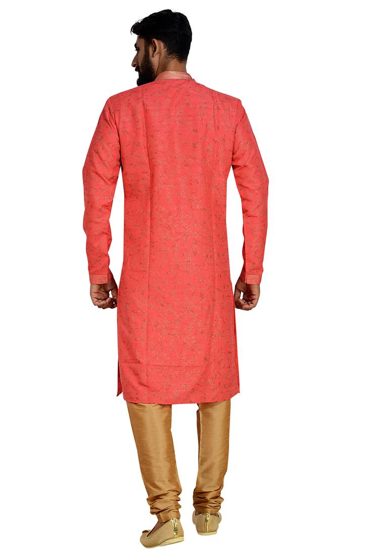 Red Printed Dupion Silk Kurta Pajama