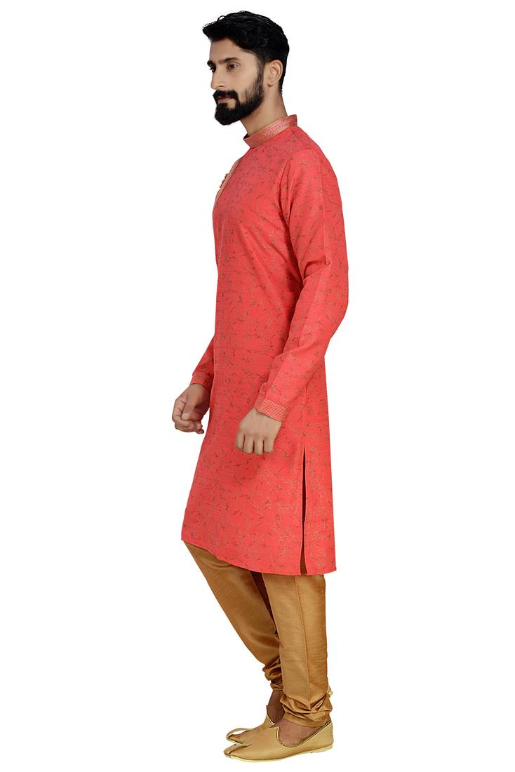 Red Printed Dupion Silk Kurta Pajama