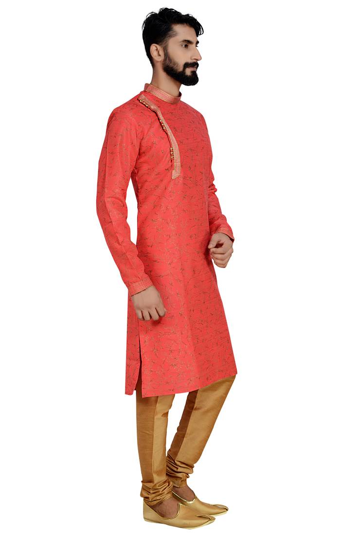 Red Printed Dupion Silk Kurta Pajama