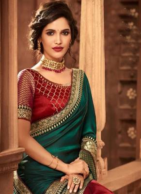 Dark green embroidered silk saree with blouse 2
