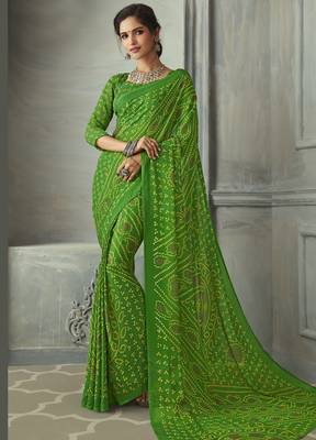  green printed chiffon saree with blouse 1