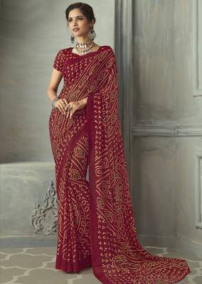 maroon printed chiffon saree with blouse 1