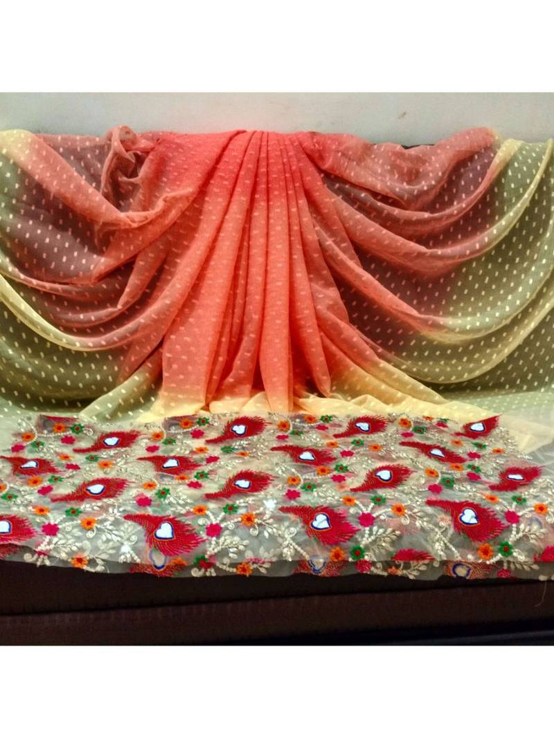 Orange-Yellow Double Shaded Chiffon Saree With Net Embroidered Blouse Fabric