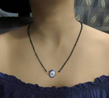 Elegant Gold Blue Diamond Evil-Eye Pendant Mangalsutra Black Beads Single Line Layer Long Chain 1