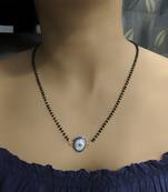 Elegant Gold Blue Diamond Evil-Eye Pendant Mangalsutra Black Beads Single Line Layer Long Chain