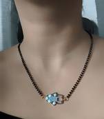 Elegant Gold Blue Diamond Hand Hamsa Pendant Black Beads Single Line Layer Short Chain Necklace