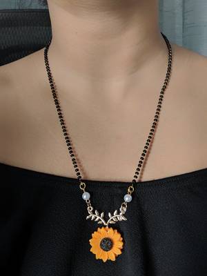 Yellow Flower Sunflower Pearl Leaf Pendant Mangalsutra Black Beads Single Line Layer Long Chain 1