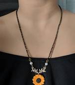 Yellow Flower Sunflower Pearl Leaf Pendant Mangalsutra Black Beads Single Line Layer Long Chain