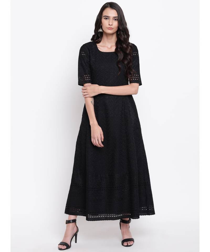 Black Chikan Flared Dress
