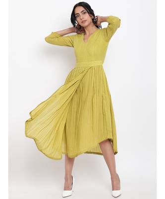 Green Cotton Overlap Flare Dress 1