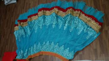 blue color heavy thread work net fabric bollywood style unstiched lehenga with dupatta 3