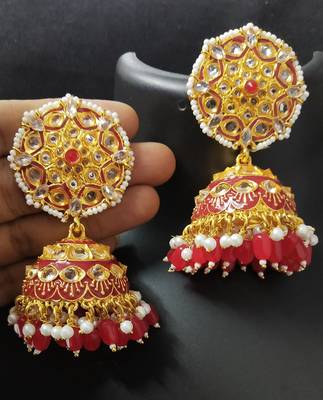 Deepika AD Pearl Bridal Red Jhumki Earrings Set 1