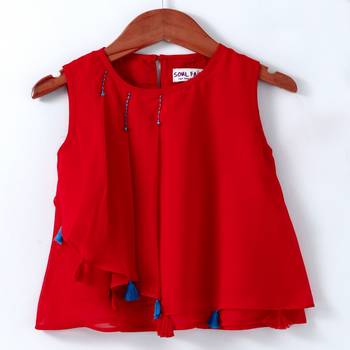 Trendy Georgette Layered Top with tassles and Emb - Red 1