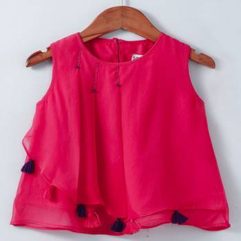 Fuschia Trendy Georgette Layered Top with tassles and Emb 1