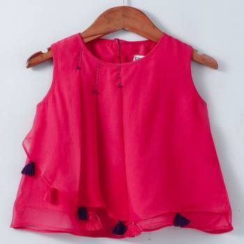Fuschia Trendy Georgette Layered Top with tassles and Emb 4