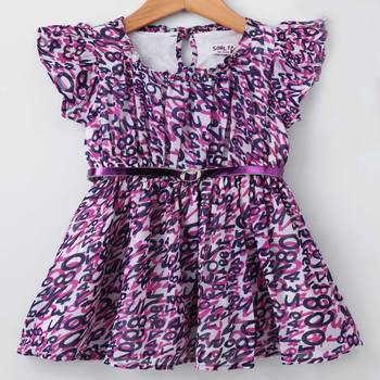 Purple Trendy Printed Georgette Ruffle Sleeve Dress with Belt 1