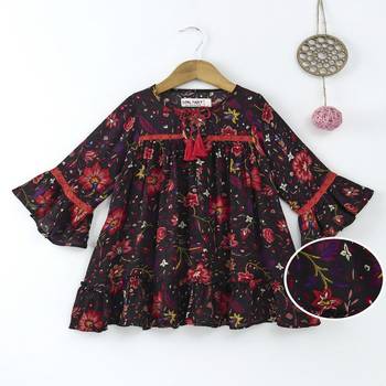 Black Trendy Full sleeves printed dress with lace inserts and tassles 1