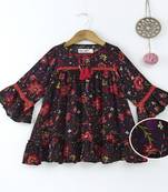 Black Trendy Full sleeves printed dress with lace inserts and tassles