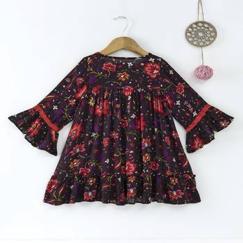 Black Trendy Full sleeves printed dress with lace inserts and tassles 2