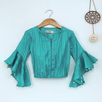 Teal Trendy & stylish  two tone art silk top with ruffle slv and embelllished sleeve hem 1