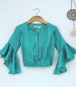 Teal Trendy & stylish  two tone art silk top with ruffle slv and embelllished sleeve hem
