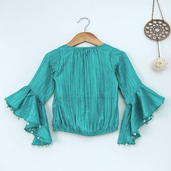 Teal Trendy & stylish  two tone art silk top with ruffle slv and embelllished sleeve hem 2