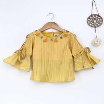 Yellow Trendy  two tone art silk  cold shoulder tie up slv  top with tassle embroidery 1