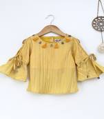 Yellow Trendy  two tone art silk  cold shoulder tie up slv  top with tassle embroidery
