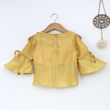 Yellow Trendy  two tone art silk  cold shoulder tie up slv  top with tassle embroidery 2