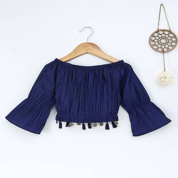 Blue Trendy  two tone art silk crop top with flared sleeves 1