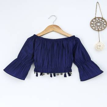 Blue Trendy  two tone art silk crop top with flared sleeves 2
