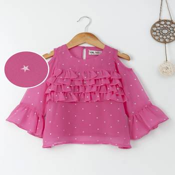 Pink Trendy front ruffle  cold shoulder foil printed georgette top with inner 1